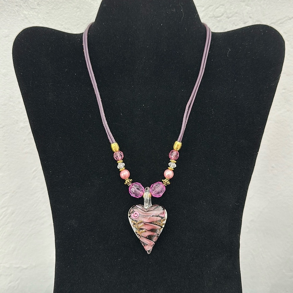 Artisan Hand Blown Heart Pink Rose On Top Cotton Cord Double Strand Necklace
